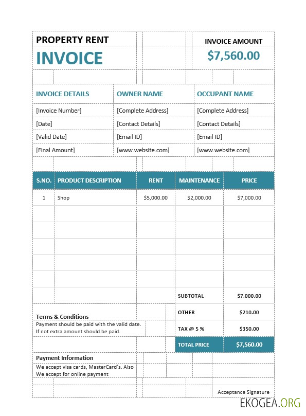 Modèle de facture de loyer de propriété